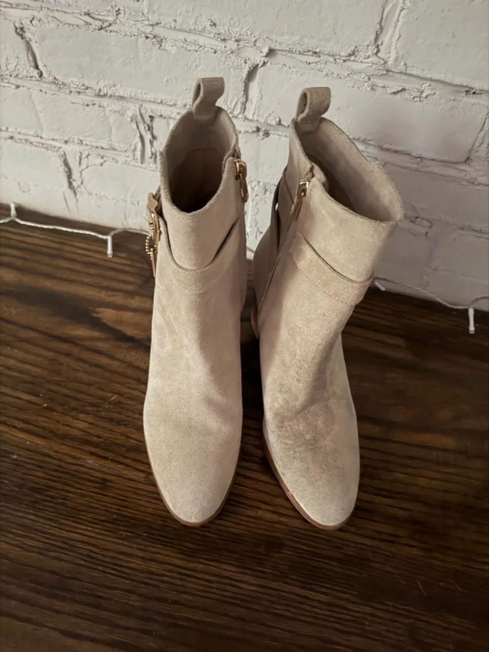 Coach Taupe Suede Ankle Booties with Buckle Charm - Picture 14 of 14